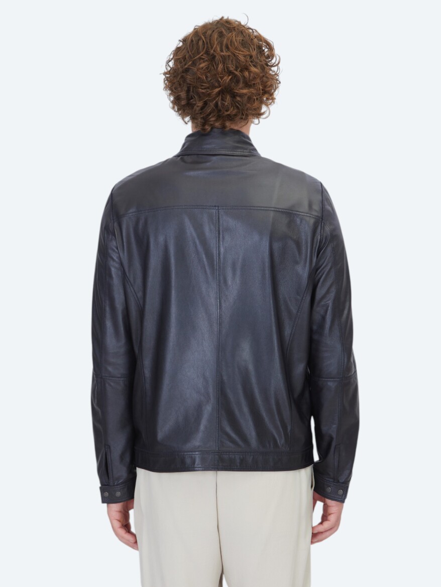 Koyu Lacivert Regular Fit Gömlek Yaka Smart Casual Çift Taraflı Deri Mont - 8