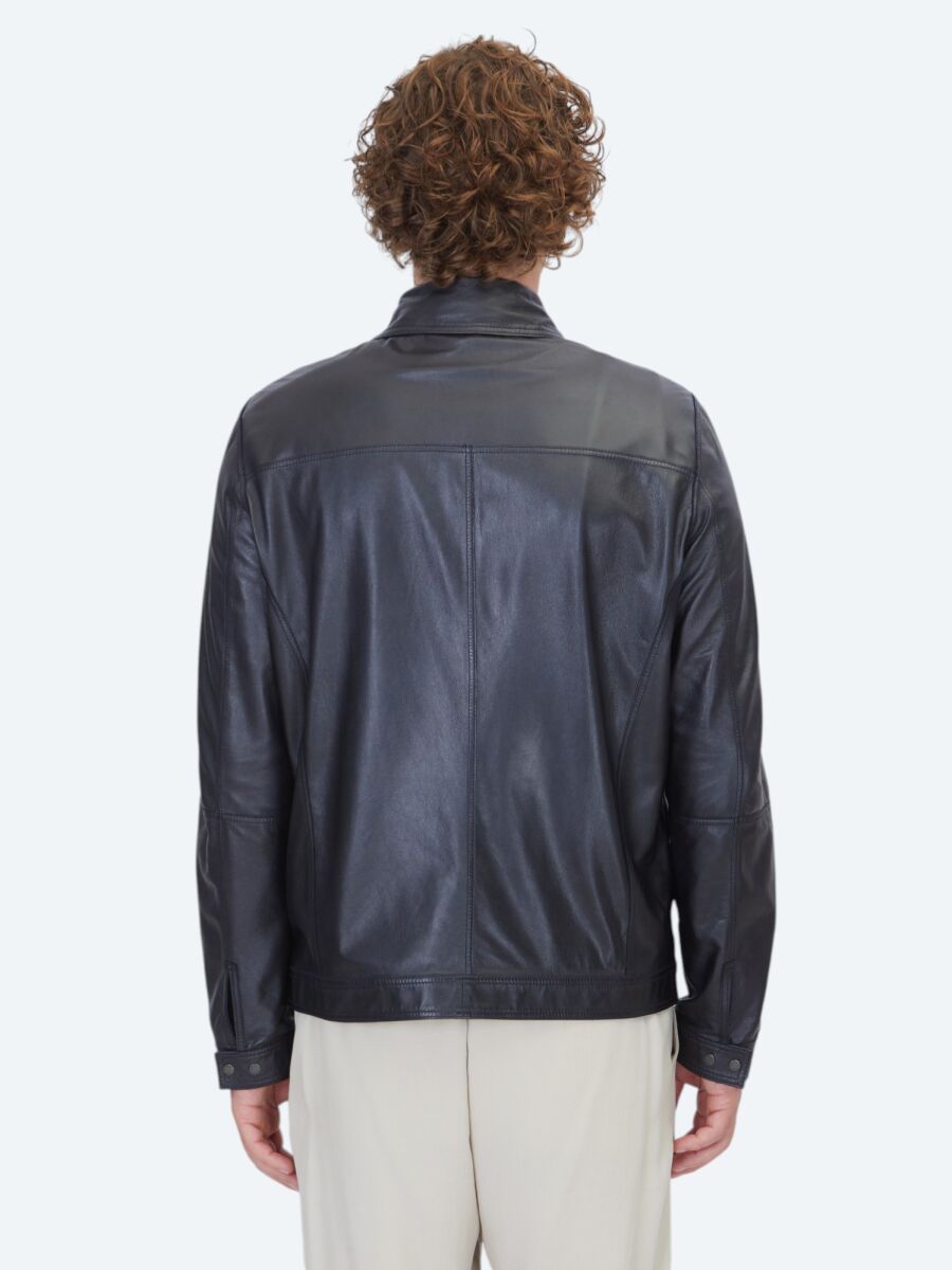 Koyu Lacivert Regular Fit Gömlek Yaka Smart Casual Çift Taraflı Deri Mont - 8