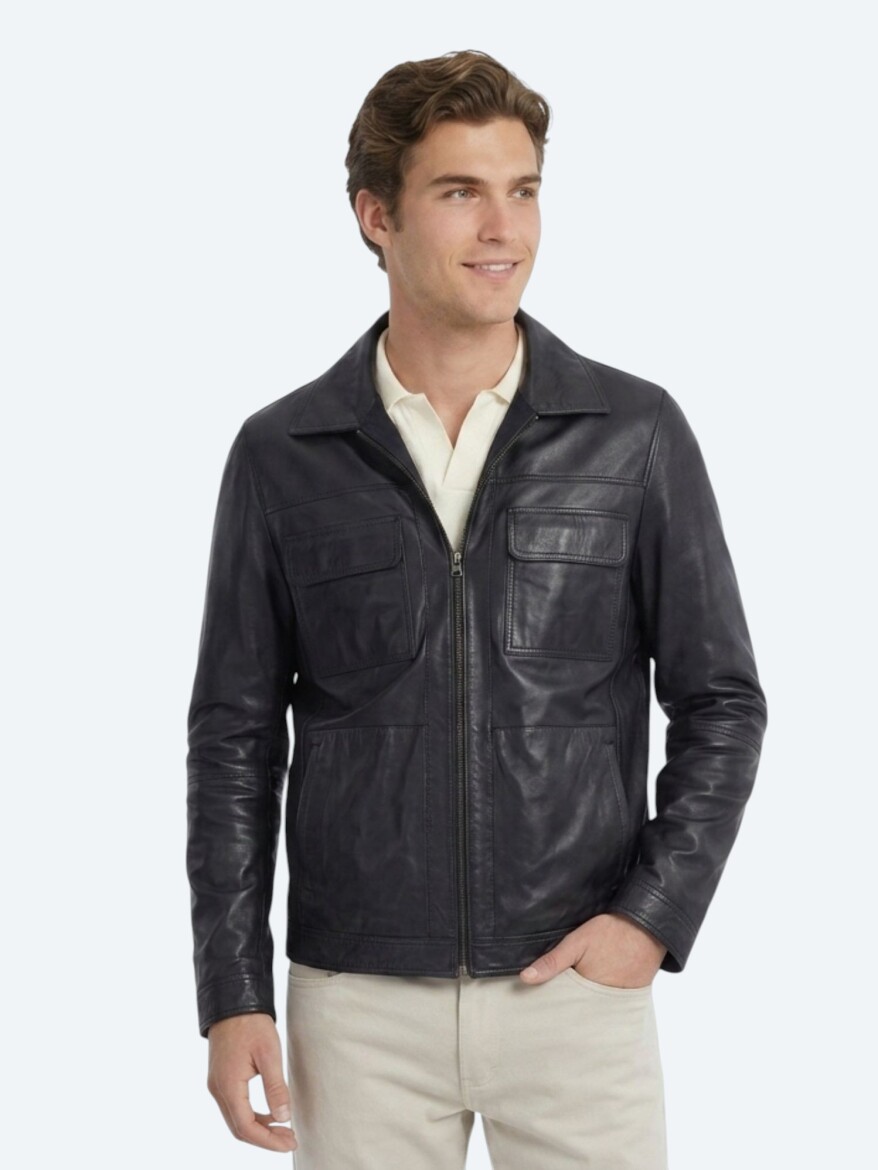 Koyu Lacivert Regular Fit Gömlek Yaka Smart Casual Deri Mont - KİP