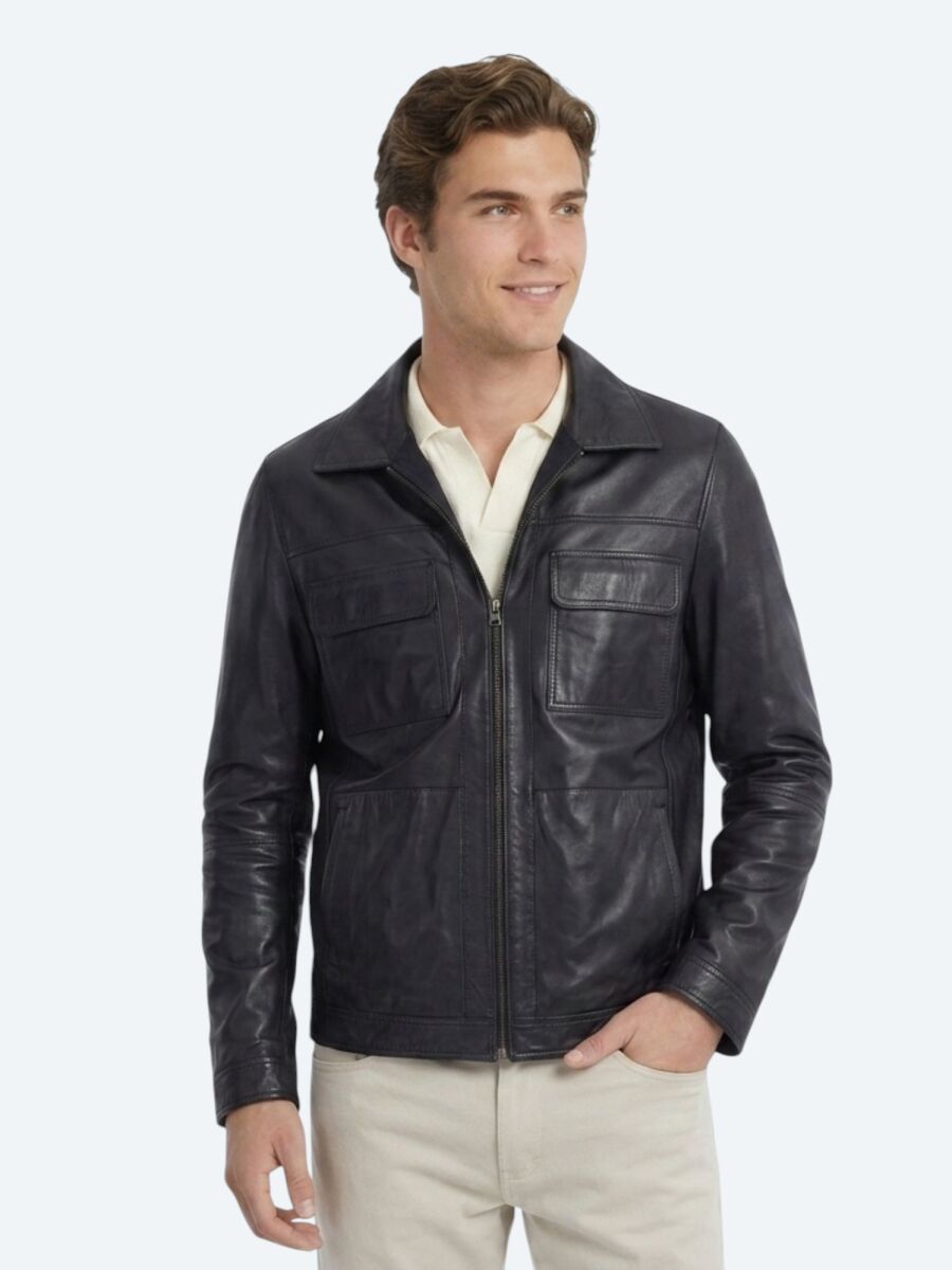 Koyu Lacivert Regular Fit Gömlek Yaka Smart Casual Deri Mont - 1