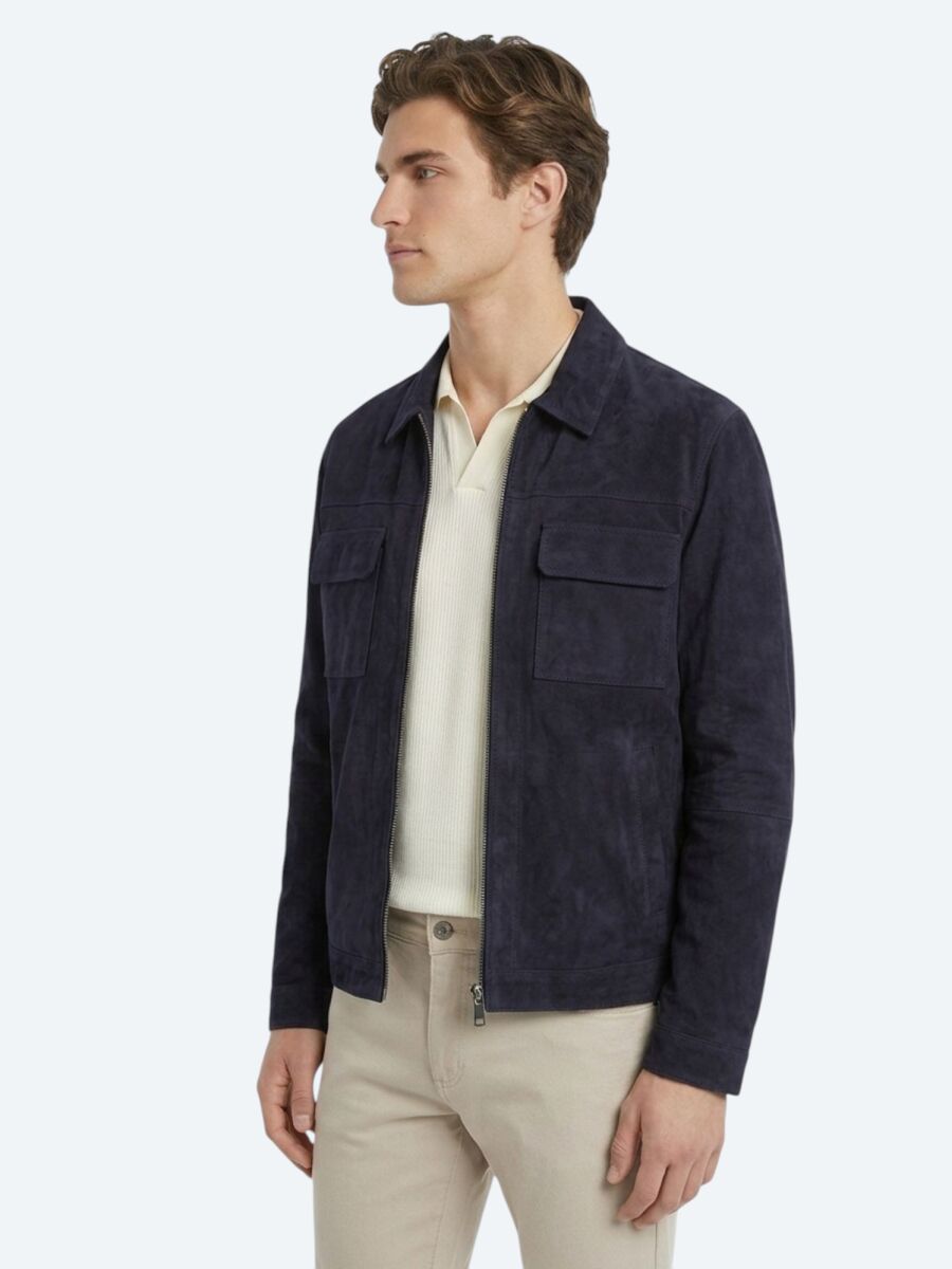 Koyu Lacivert Regular Fit Gömlek Yaka Smart Casual Deri Mont - 4