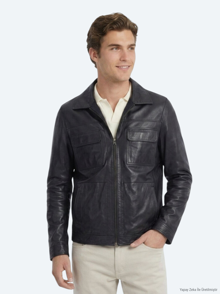 Koyu Lacivert Regular Fit Gömlek Yaka Smart Casual Deri Mont - KİP
