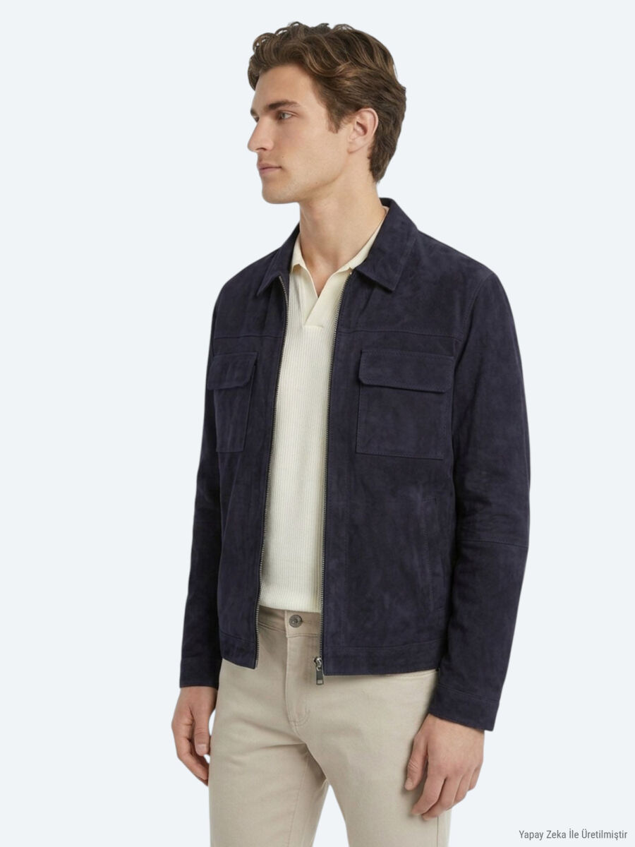 Koyu Lacivert Regular Fit Gömlek Yaka Smart Casual Deri Mont - 4