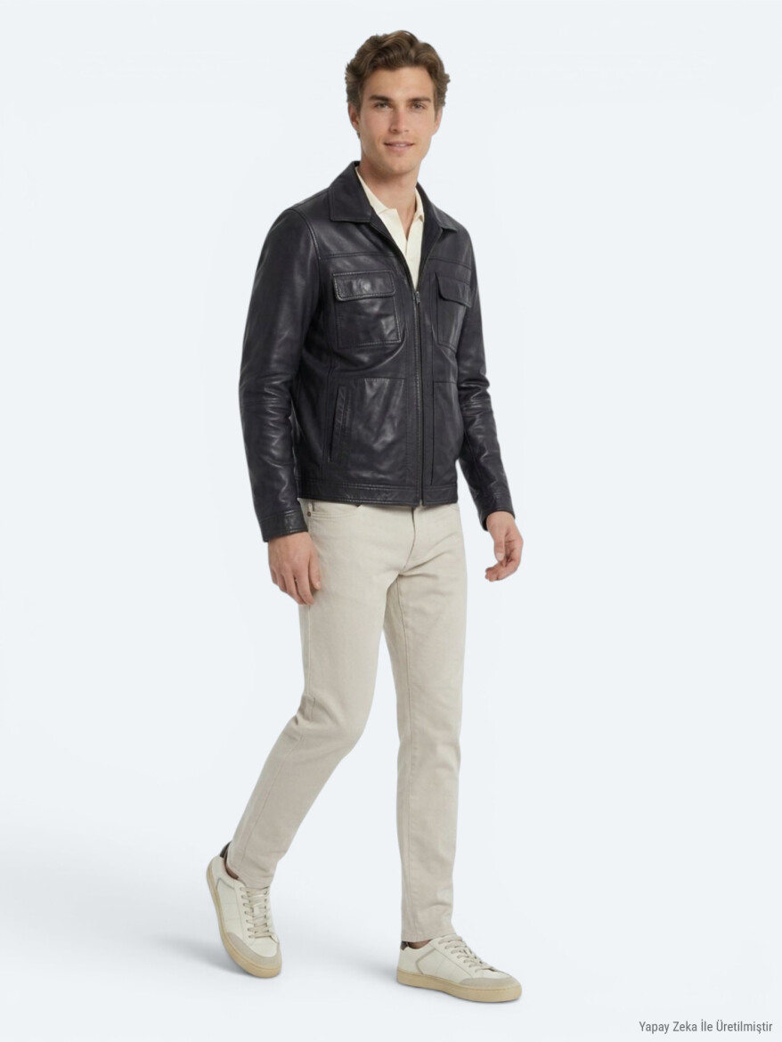 Koyu Lacivert Regular Fit Gömlek Yaka Smart Casual Deri Mont - 5
