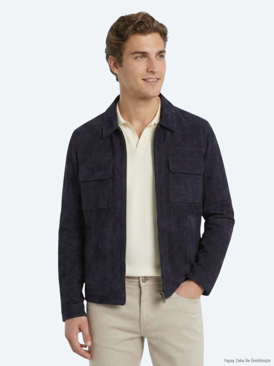 Koyu Lacivert Regular Fit Gömlek Yaka Smart Casual Deri Mont - 6