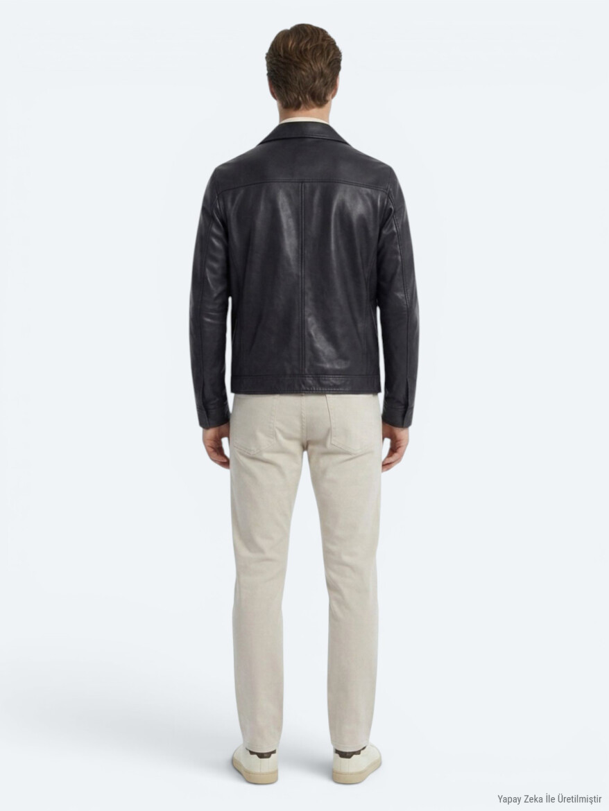 Koyu Lacivert Regular Fit Gömlek Yaka Smart Casual Deri Mont - 7