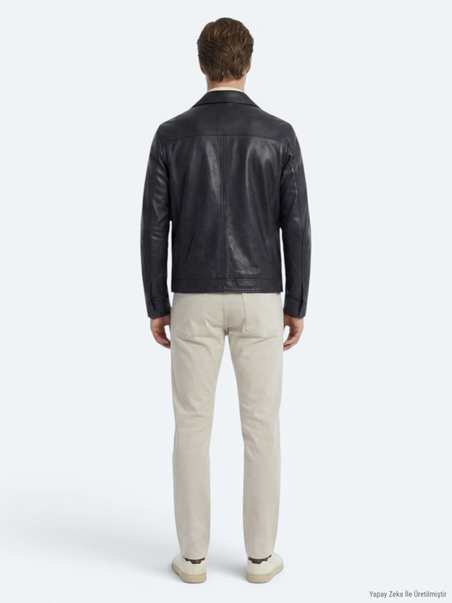 Koyu Lacivert Regular Fit Gömlek Yaka Smart Casual Deri Mont - 7