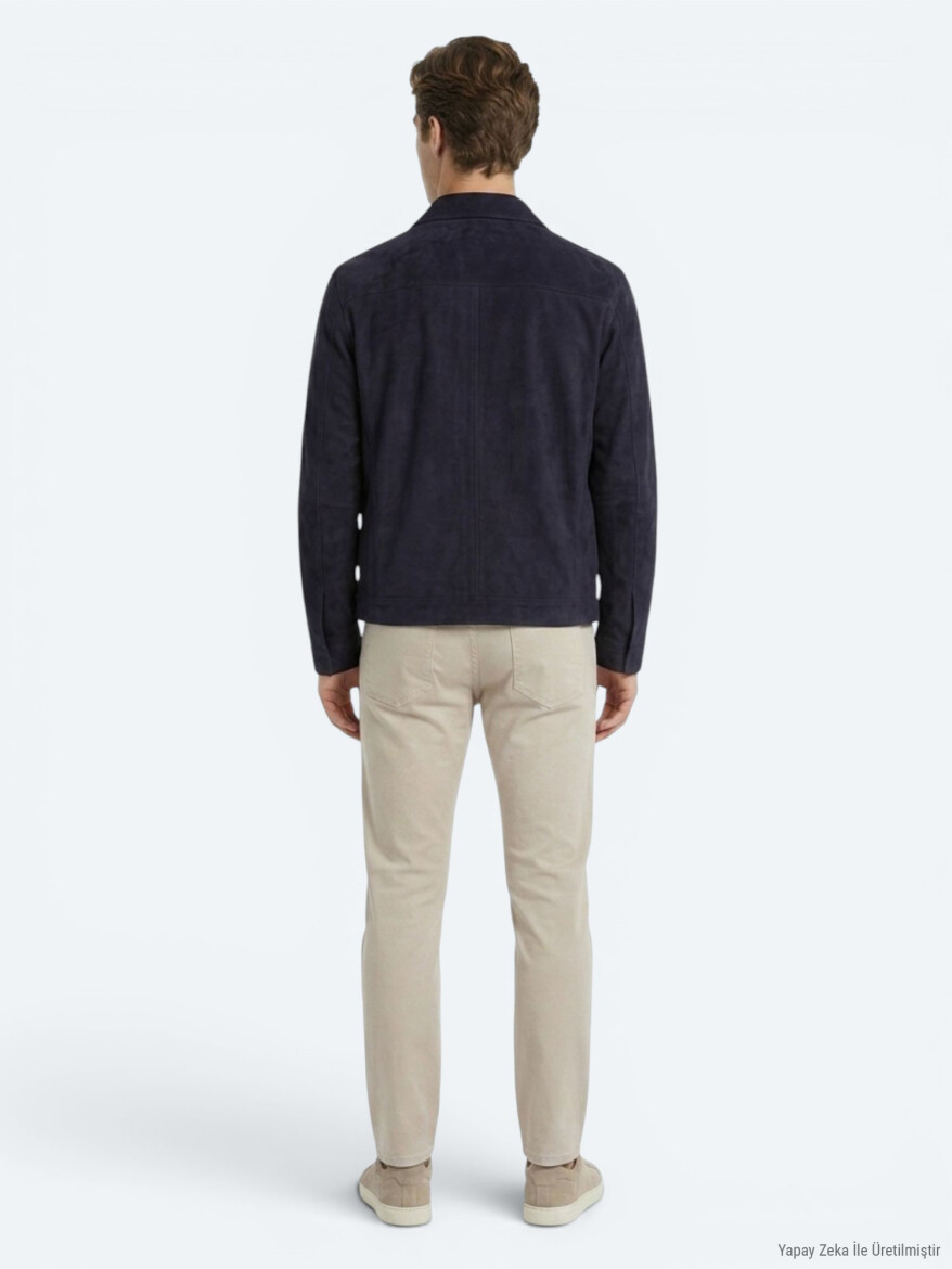 Koyu Lacivert Regular Fit Gömlek Yaka Smart Casual Deri Mont - 8