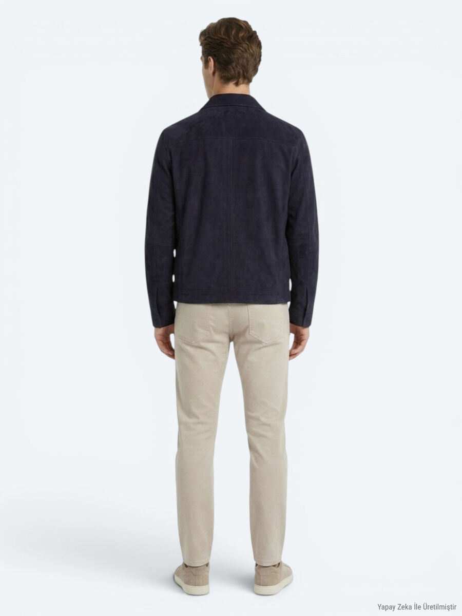 Koyu Lacivert Regular Fit Gömlek Yaka Smart Casual Deri Mont - 8