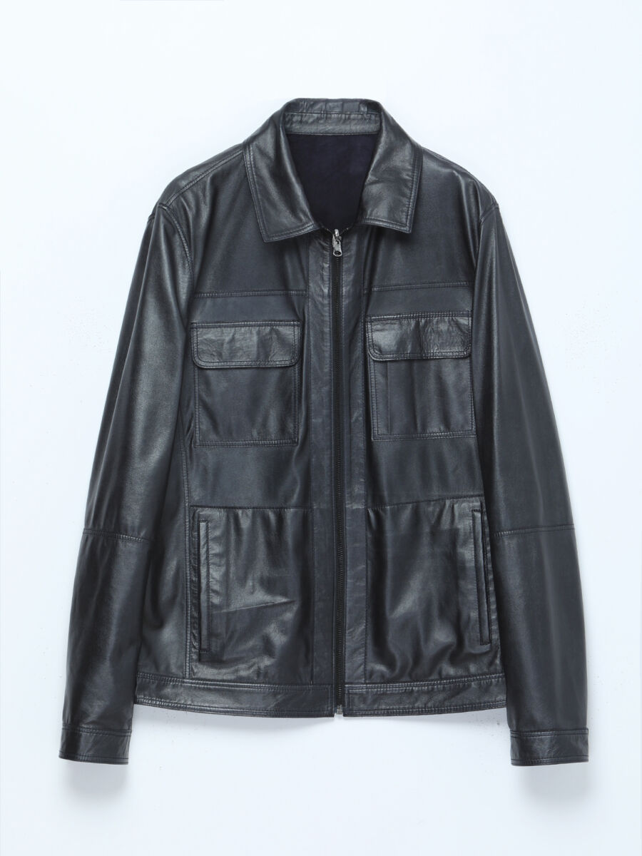 Koyu Lacivert Regular Fit Gömlek Yaka Smart Casual Deri Mont - 9