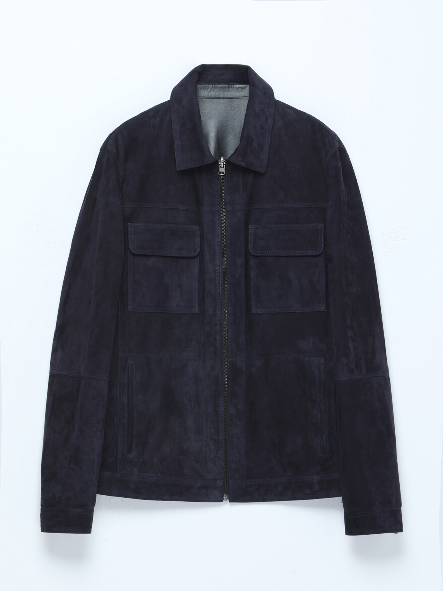 Koyu Lacivert Regular Fit Gömlek Yaka Smart Casual Deri Mont - 10