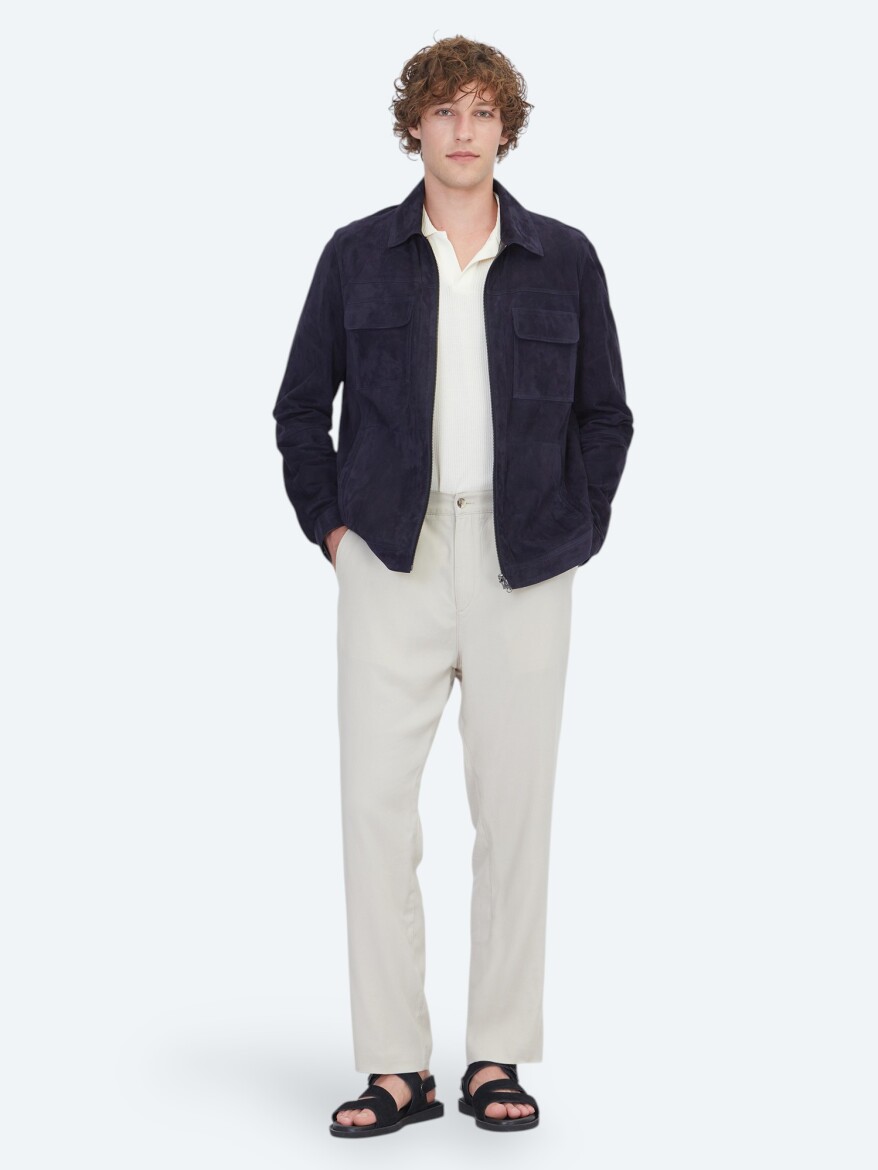 Koyu Lacivert Regular Fit Gömlek Yaka Smart Casual Deri Mont - 3