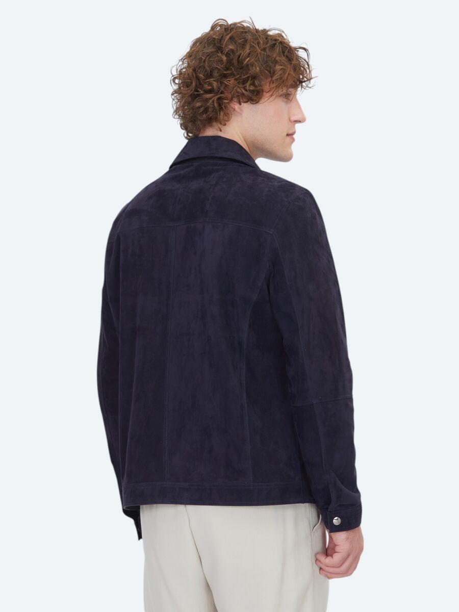 Koyu Lacivert Regular Fit Gömlek Yaka Smart Casual Deri Mont - 7