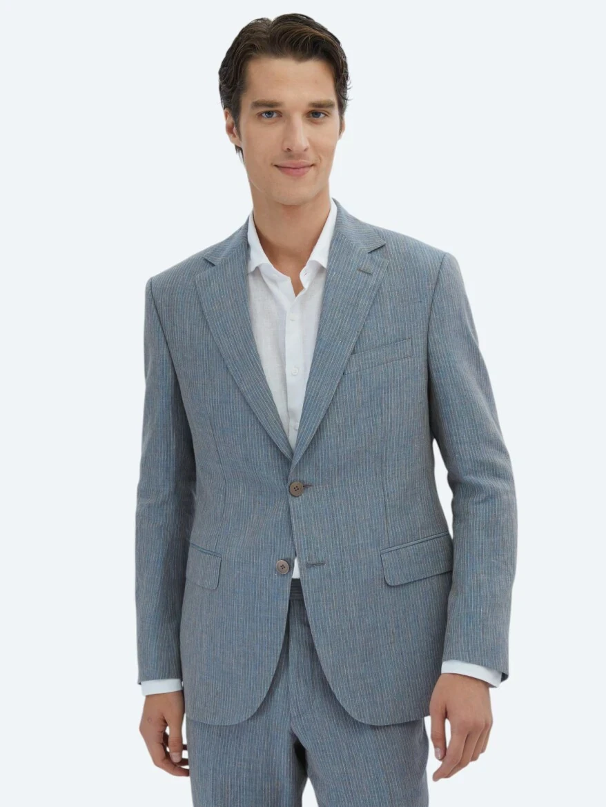 Koyu Mavi Çizgili Modern Fit %100 Keten Takım Elbise - 1