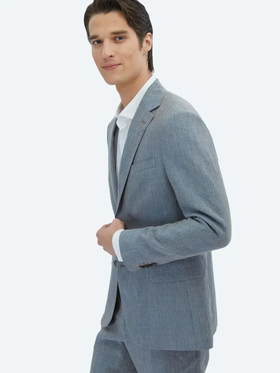 Koyu Mavi Çizgili Modern Fit %100 Keten Takım Elbise - 3