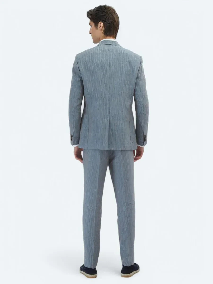 Koyu Mavi Çizgili Modern Fit %100 Keten Takım Elbise - 6