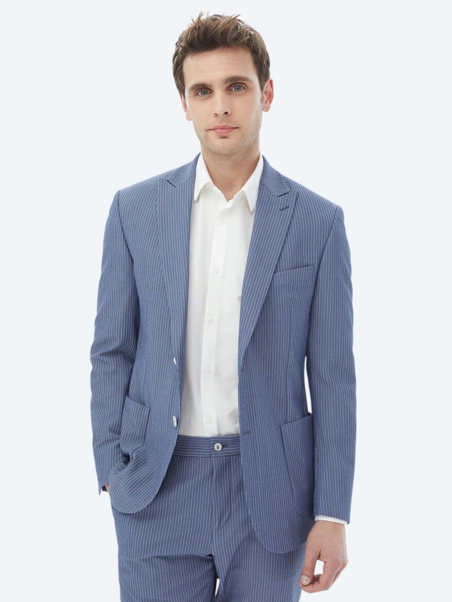 Koyu Mavi Çizgili Modern Fit Takım Elbise - 5