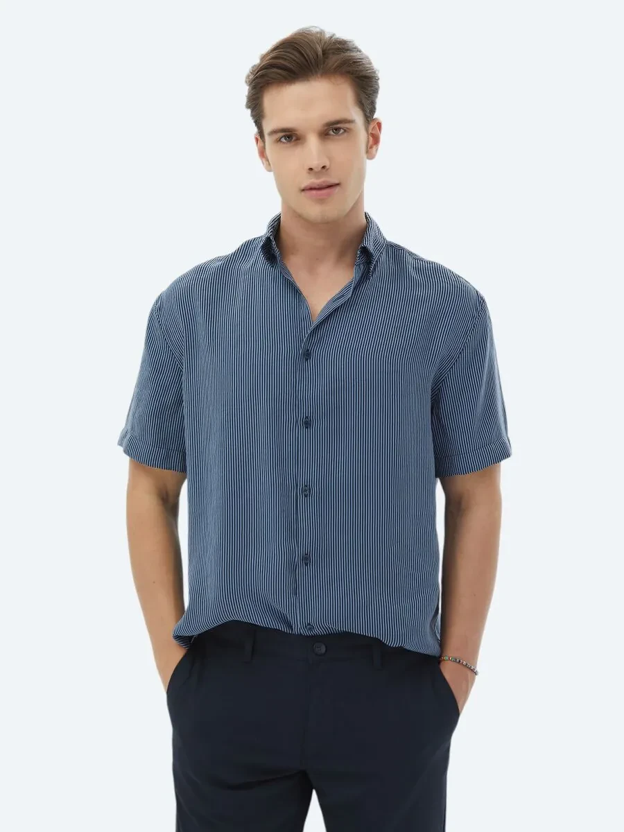 Koyu Mavi Çizgili Oversize Fit Dokuma Casual Gömlek - 1