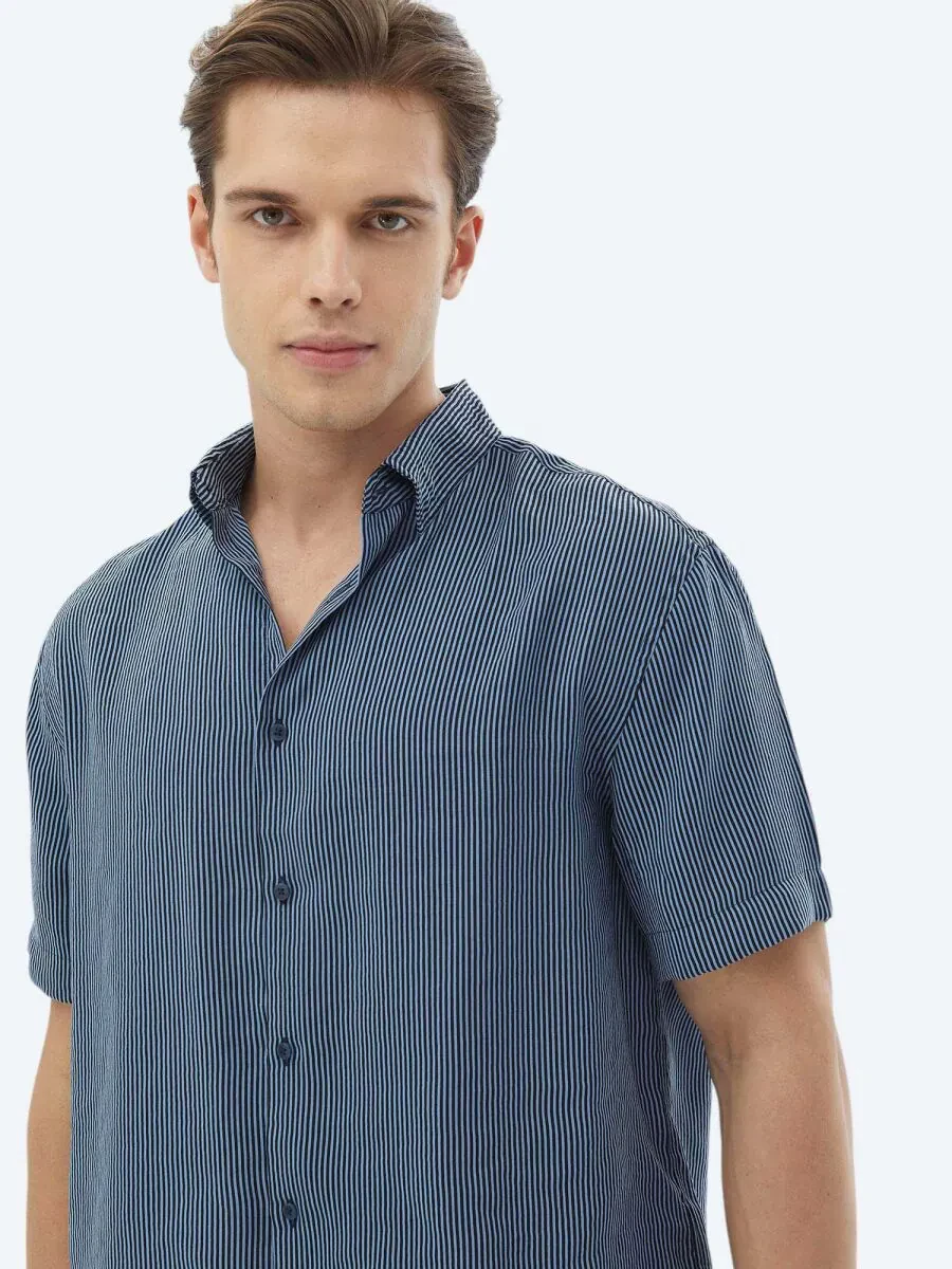 Koyu Mavi Çizgili Oversize Fit Dokuma Casual Gömlek - 2