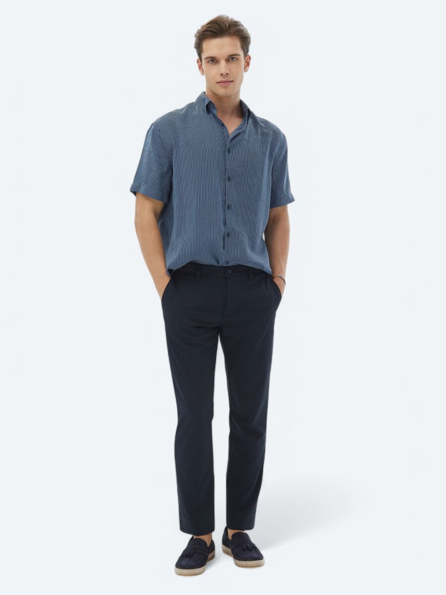 Koyu Mavi Çizgili Oversize Fit Dokuma Casual Gömlek - 5