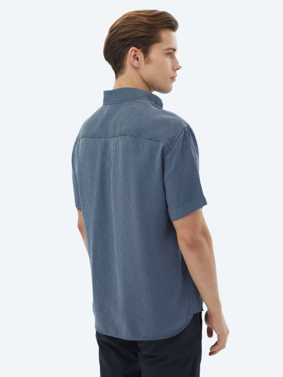 Koyu Mavi Çizgili Oversize Fit Dokuma Casual Gömlek - 7