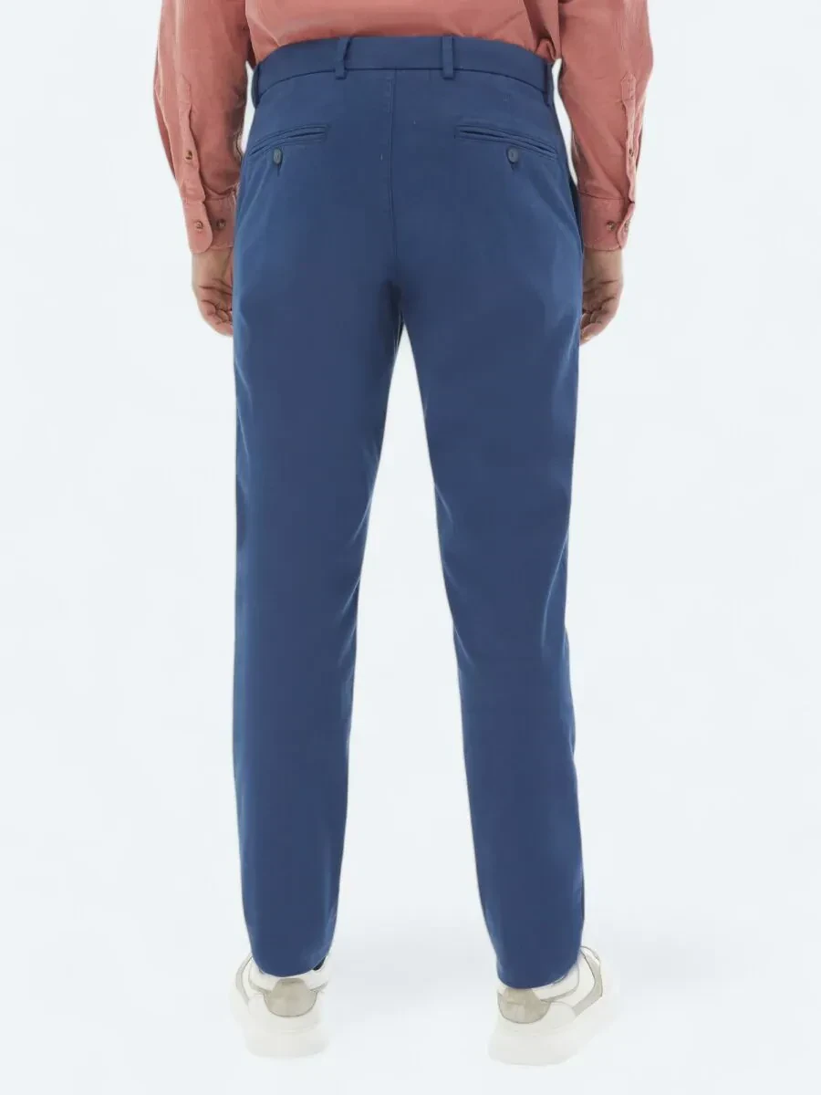 Koyu Mavi Dokuma Regular Fit Casual Pamuk Karışımlı Pantolon - 5