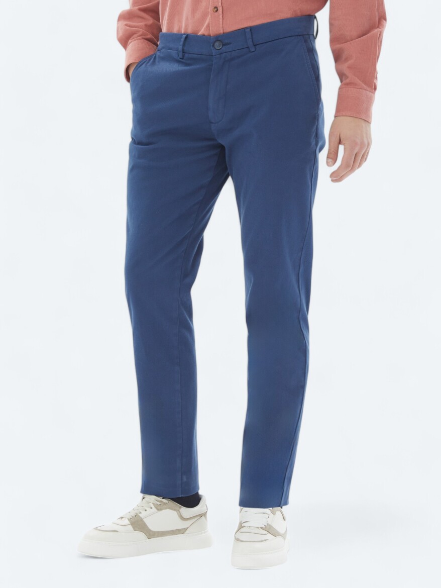 Koyu Mavi Dokuma Regular Fit Casual Pamuk Karışımlı Pantolon - KİP