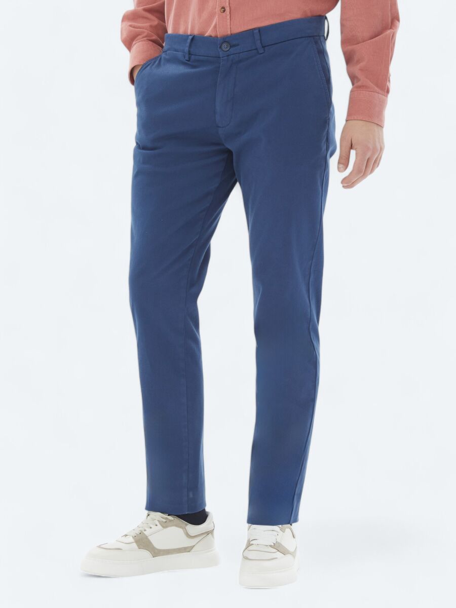 Koyu Mavi Dokuma Regular Fit Casual Pamuk Karışımlı Pantolon - 2