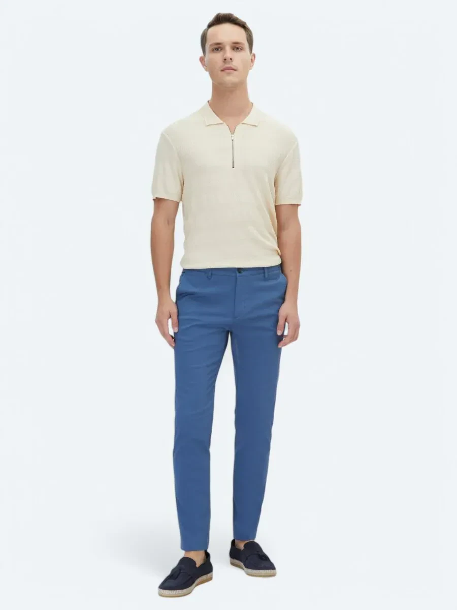 Koyu Mavi Dokuma Regular Fit Casual Pamuk Karışımlı Pantolon - 2