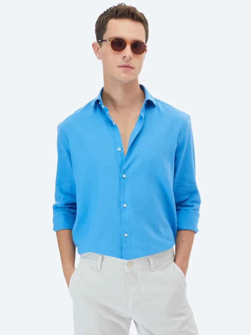Koyu Mavi Düz Regular Fit Dokuma Casual Pamuk Karışımlı Gömlek - 1