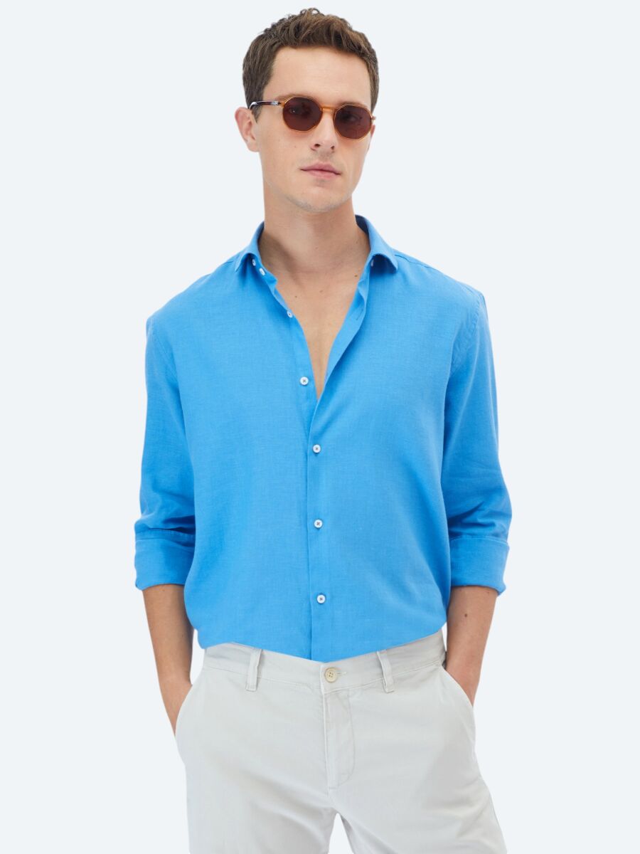 Koyu Mavi Düz Regular Fit Dokuma Casual Pamuk Karışımlı Gömlek - 1