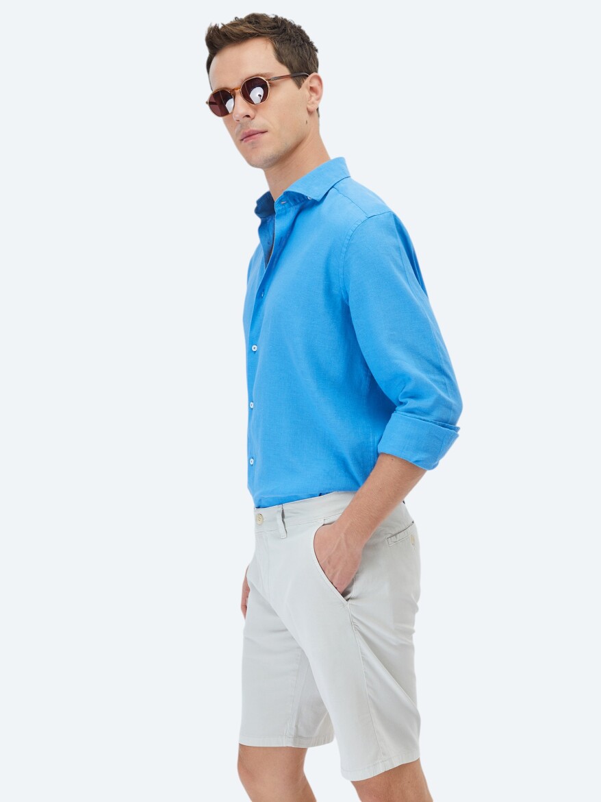 Koyu Mavi Düz Regular Fit Uzun Dokuma Casual Pamuk Karışımlı Gömlek - 4