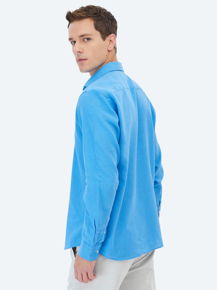 Koyu Mavi Düz Regular Fit Uzun Dokuma Casual Pamuk Karışımlı Gömlek - 7