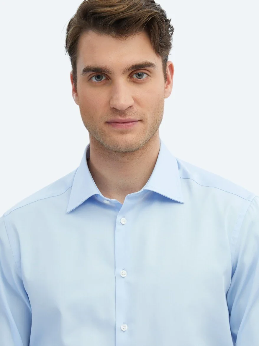 Koyu Mavi Düz Slim Fit Dokuma Klasik %100 Pamuk Gömlek 