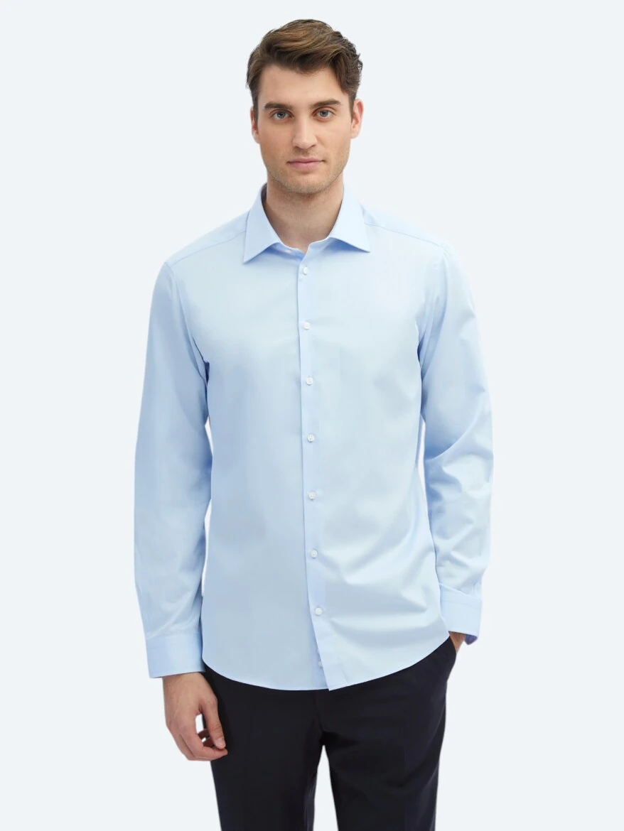 Koyu Mavi Düz Slim Fit Dokuma Klasik %100 Pamuk Gömlek - KİP