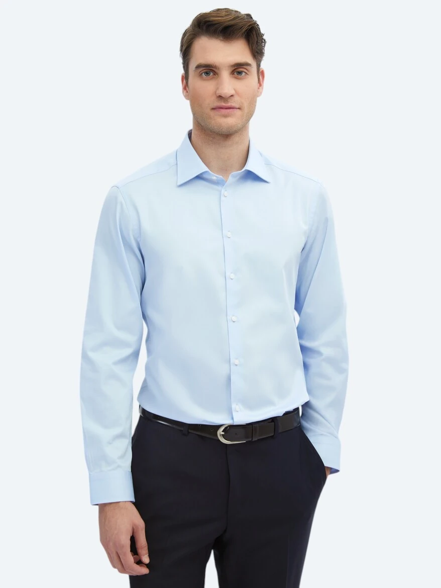 Koyu Mavi Düz Slim Fit Dokuma Klasik %100 Pamuk Gömlek 