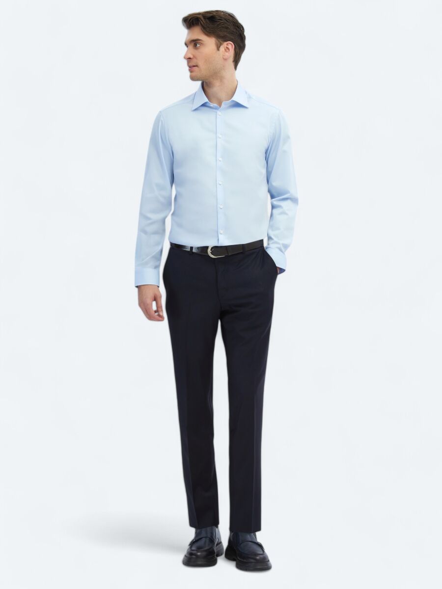 Koyu Mavi Düz Slim Fit Uzun Dokuma Klasik %100 Pamuk Gömlek - 2