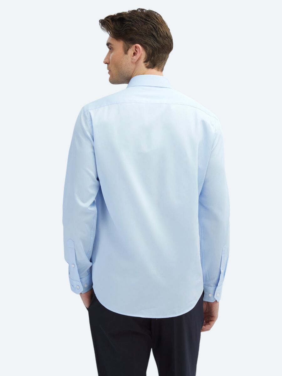 Koyu Mavi Düz Slim Fit Uzun Dokuma Klasik %100 Pamuk Gömlek - 6