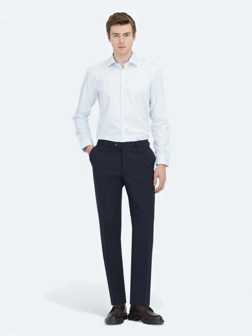 Koyu Mavi Düz Slim Fit Uzun Dokuma Klasik %100 Pamuk Gömlek - 2