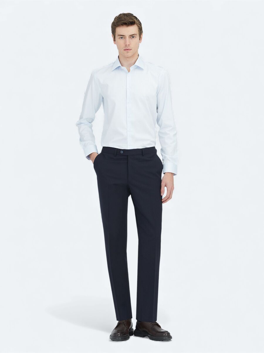 Koyu Mavi Düz Slim Fit Uzun Dokuma Klasik %100 Pamuk Gömlek - 2