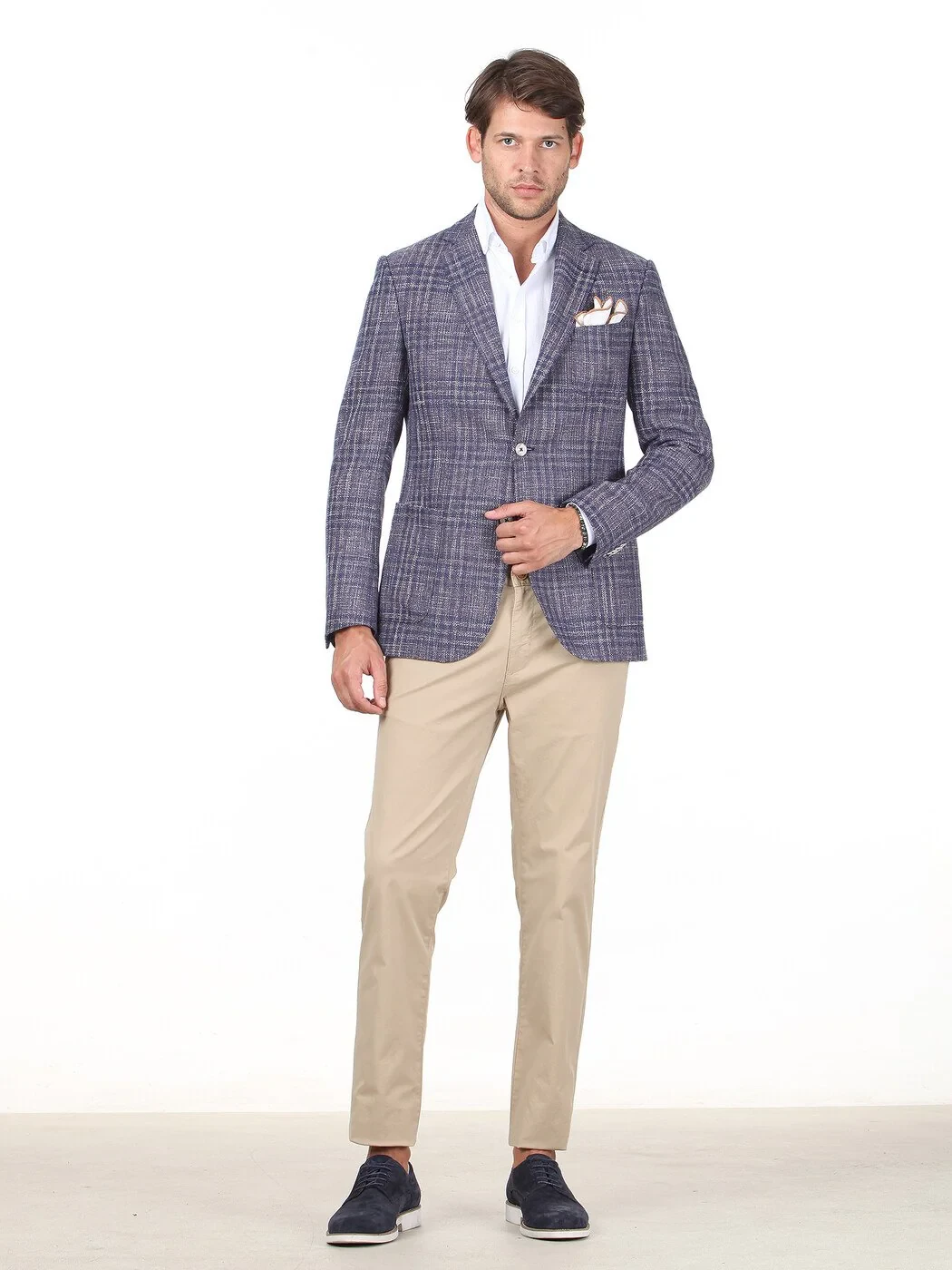 Koyu Mavi Kareli Modern Fit Pamuk Karışımlı Ceket - 3