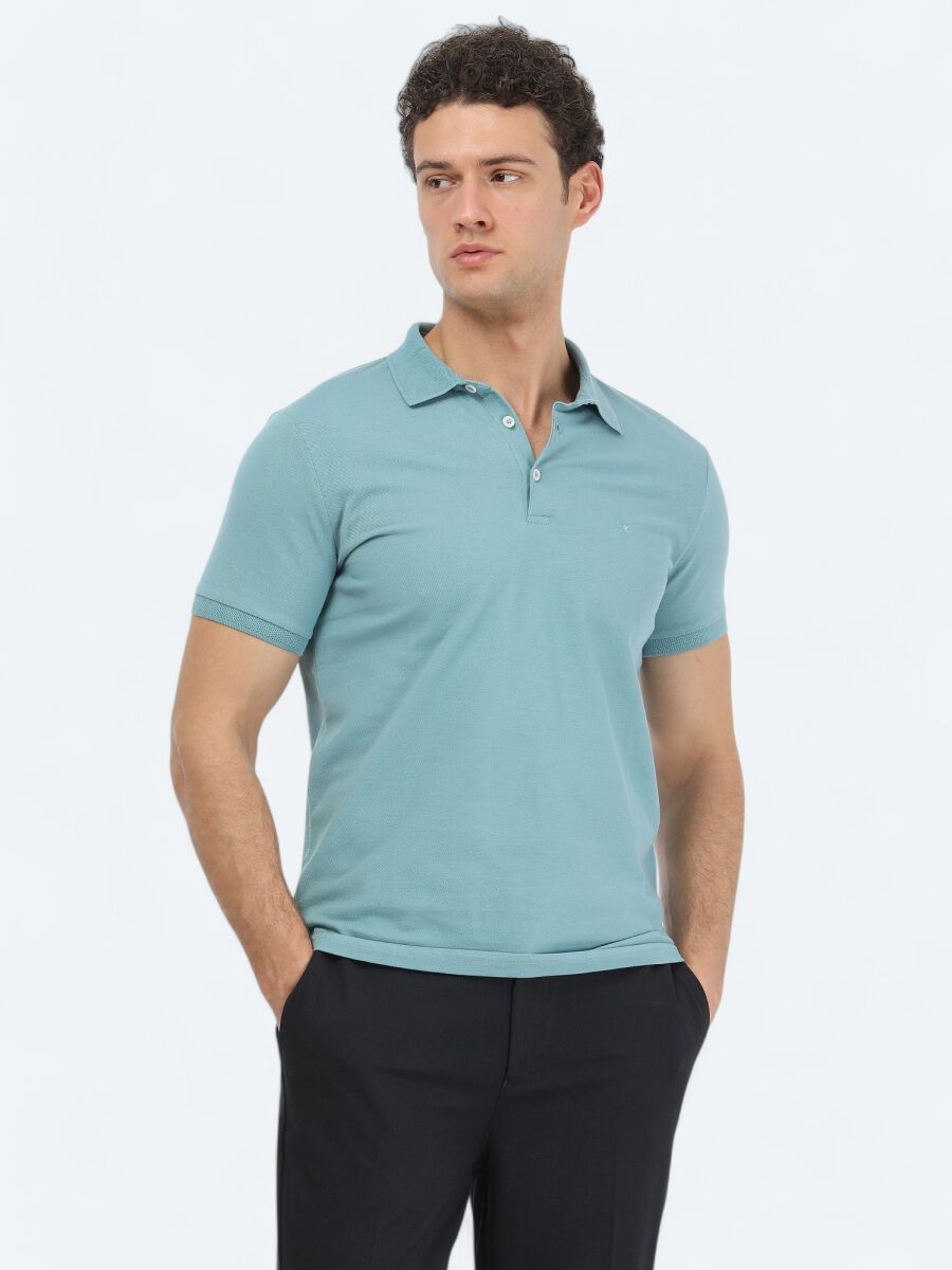 Koyu Mint Düz Polo Yaka %100 Pamuk T-Shirt - 1