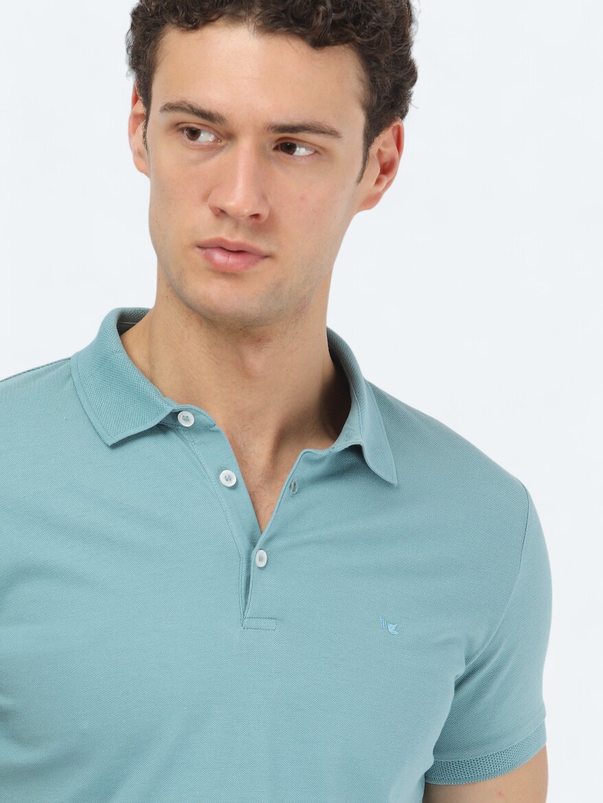 Koyu Mint Düz Polo Yaka %100 Pamuk T-Shirt - 4
