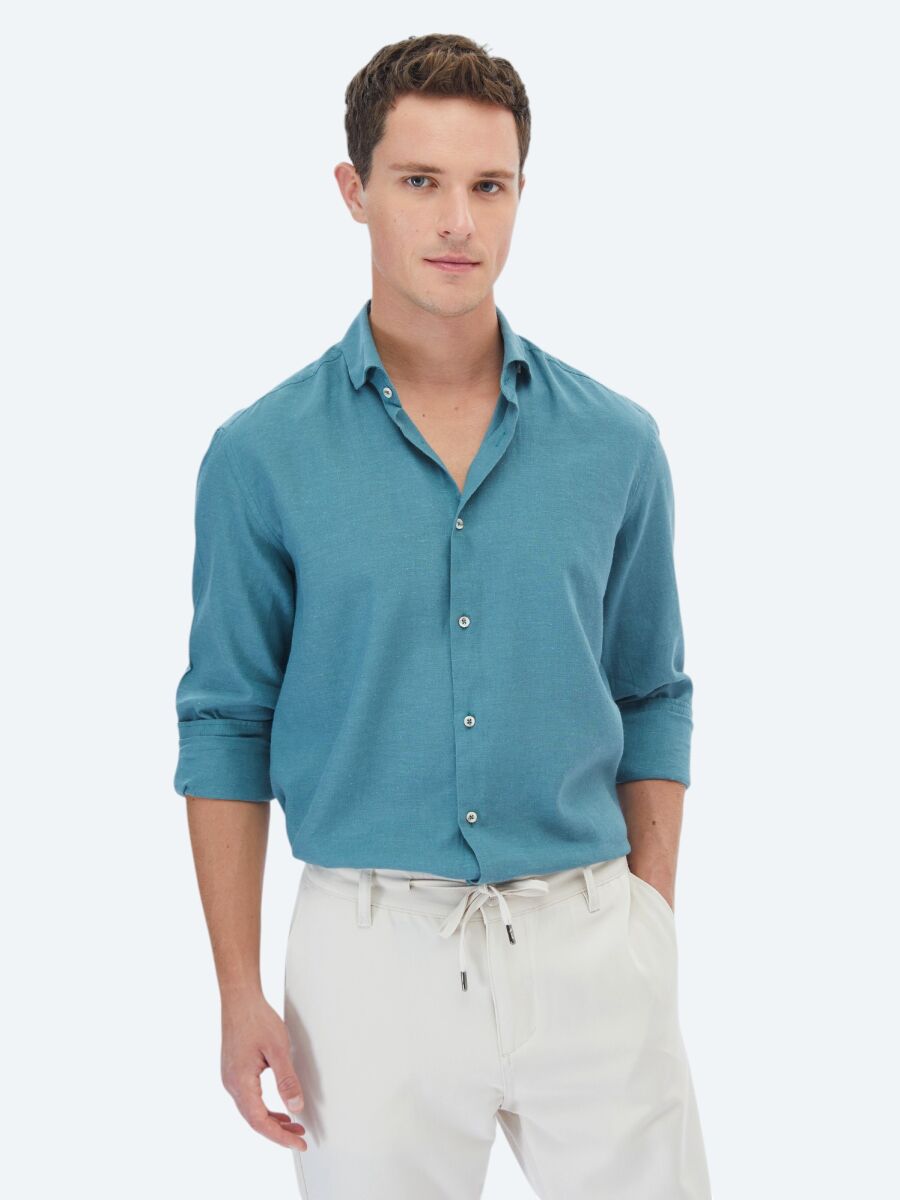 Koyu Mint Düz Regular Fit Uzun Dokuma Casual Pamuk Karışımlı Gömlek - 1
