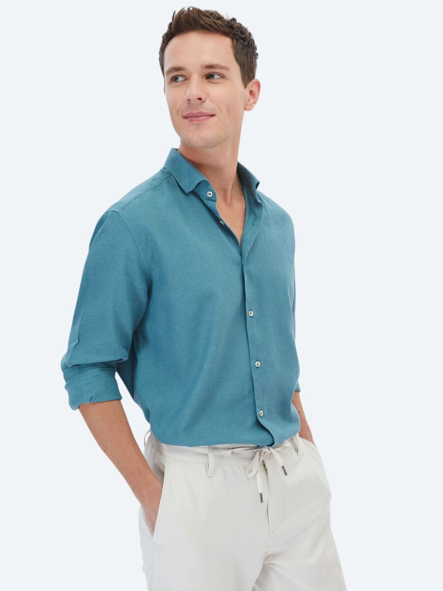 Koyu Mint Düz Regular Fit Uzun Dokuma Casual Pamuk Karışımlı Gömlek - 3