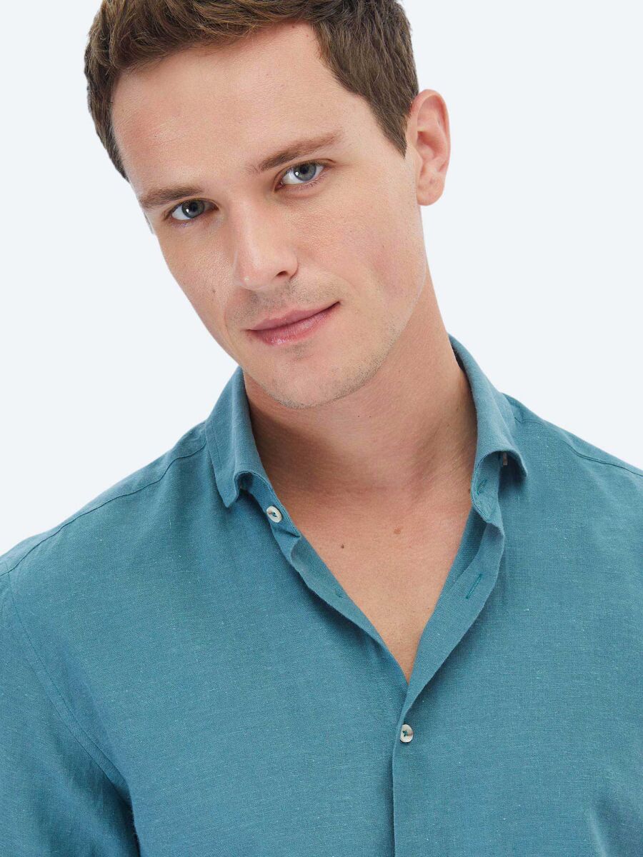 Koyu Mint Düz Regular Fit Uzun Dokuma Casual Pamuk Karışımlı Gömlek - 4