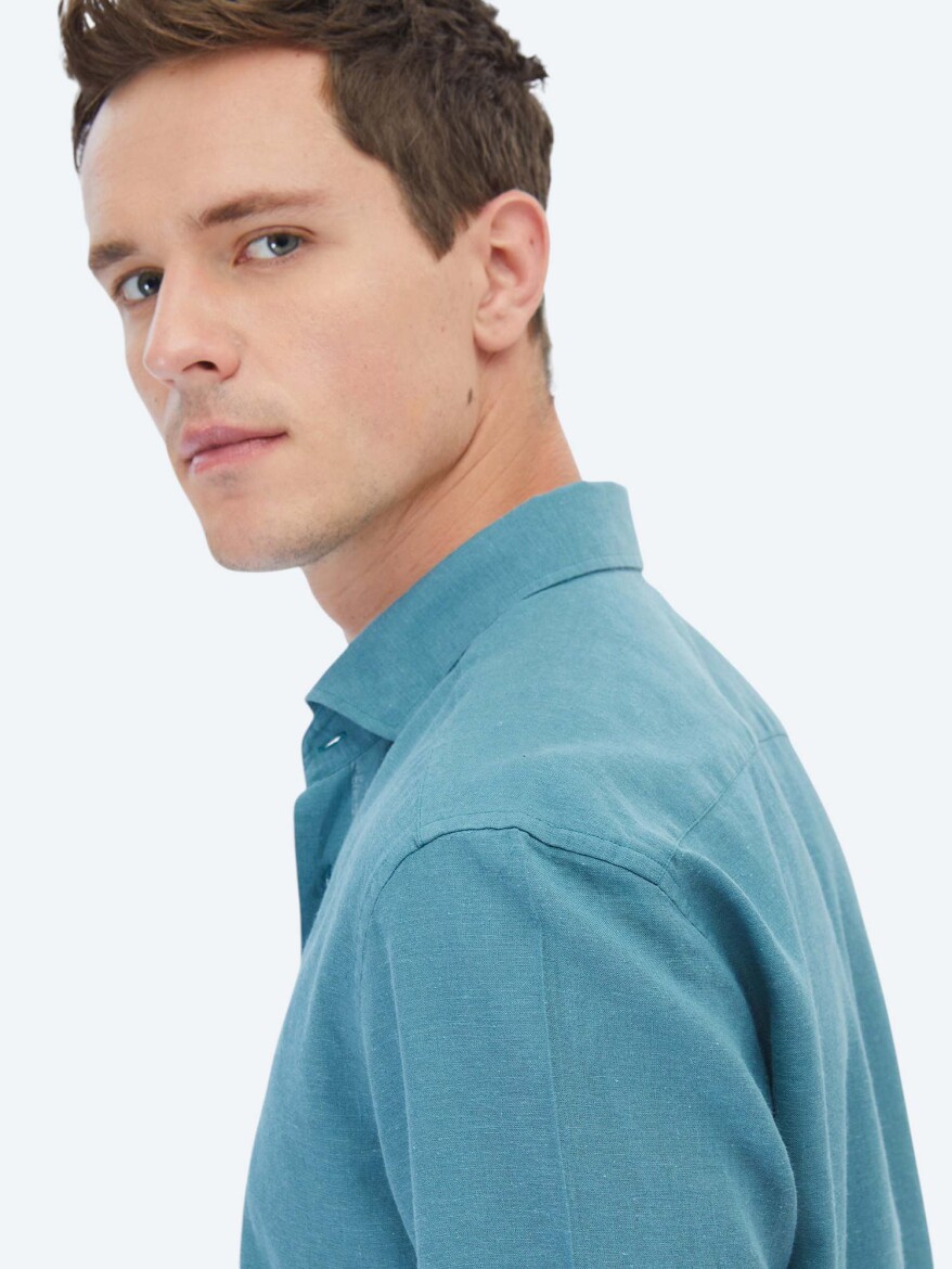 Koyu Mint Düz Regular Fit Uzun Dokuma Casual Pamuk Karışımlı Gömlek - 5
