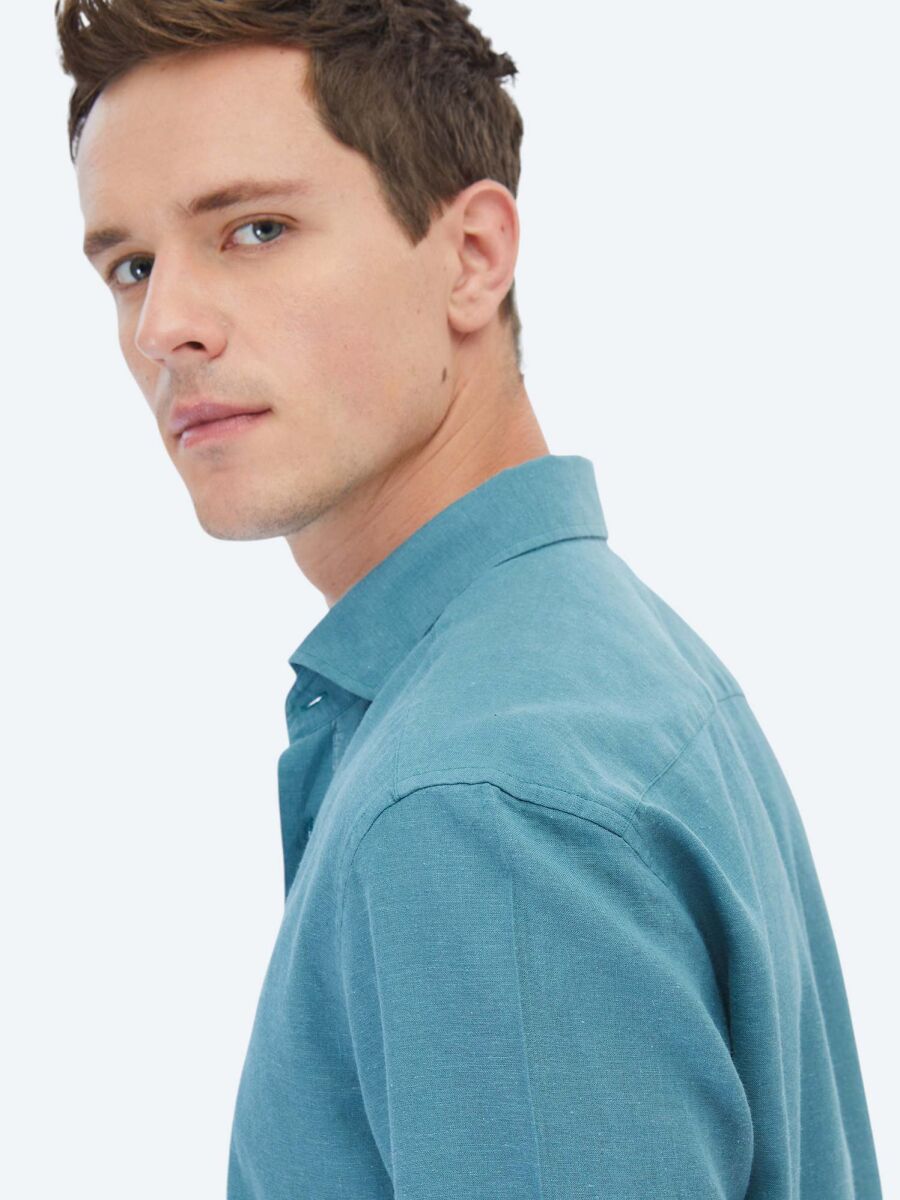 Koyu Mint Düz Regular Fit Uzun Dokuma Casual Pamuk Karışımlı Gömlek - 5