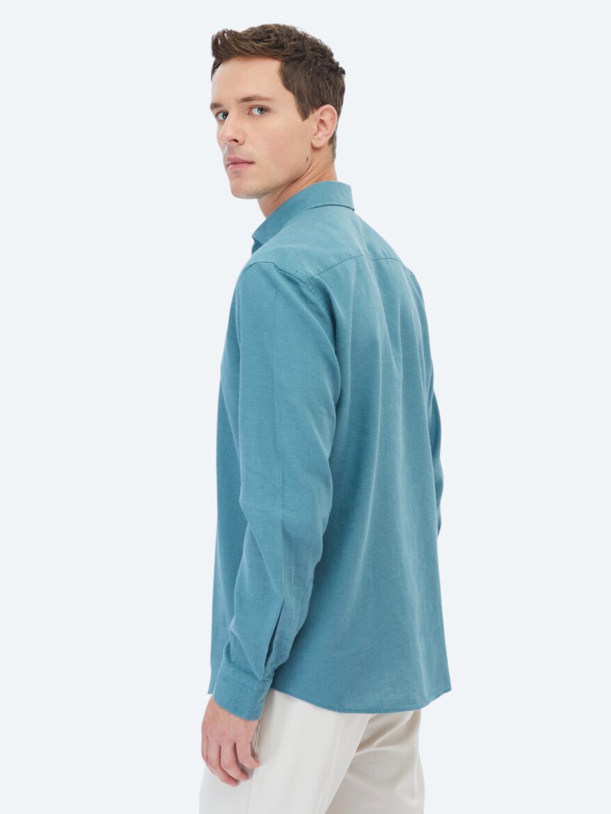 Koyu Mint Düz Regular Fit Uzun Dokuma Casual Pamuk Karışımlı Gömlek - 6