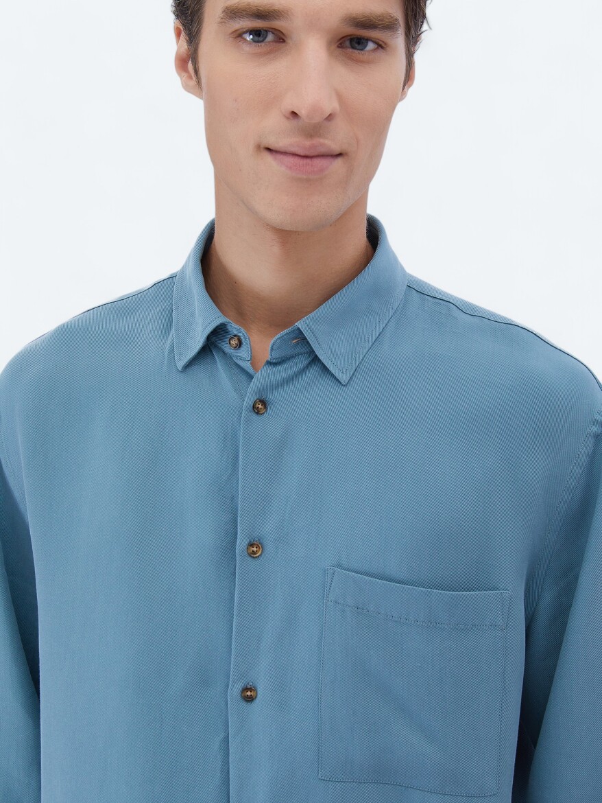 Koyu Mint Fitilli Oversize Fit Uzun Dokuma Casual Gömlek - 3